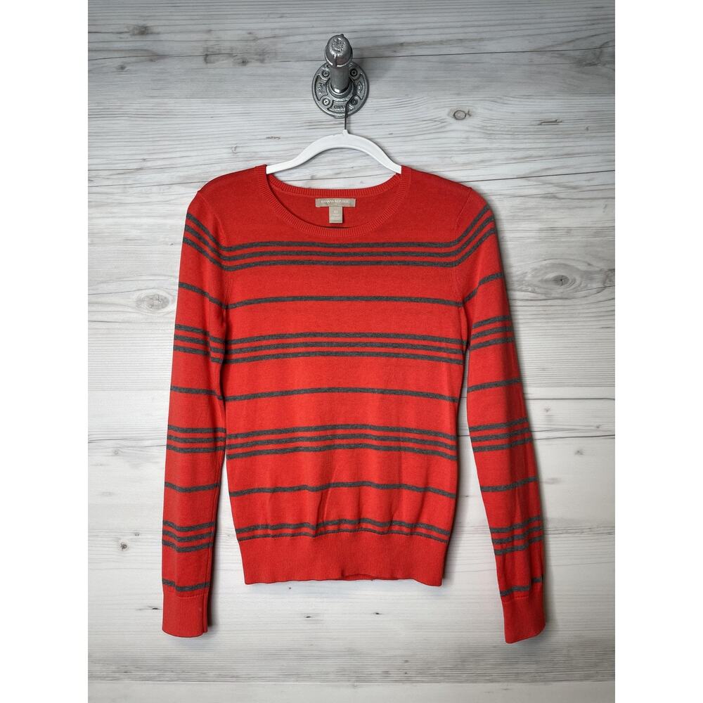 Banana Republic Sweater Womens XS Red Gray Striped Crewneck Pullover Elbow Patch